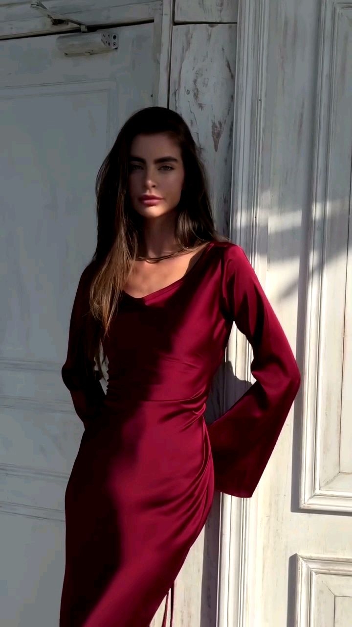 Elegant Wine Red Silk Bodycon Maxi Dress – Full Sleeves | Evening & Party Wear