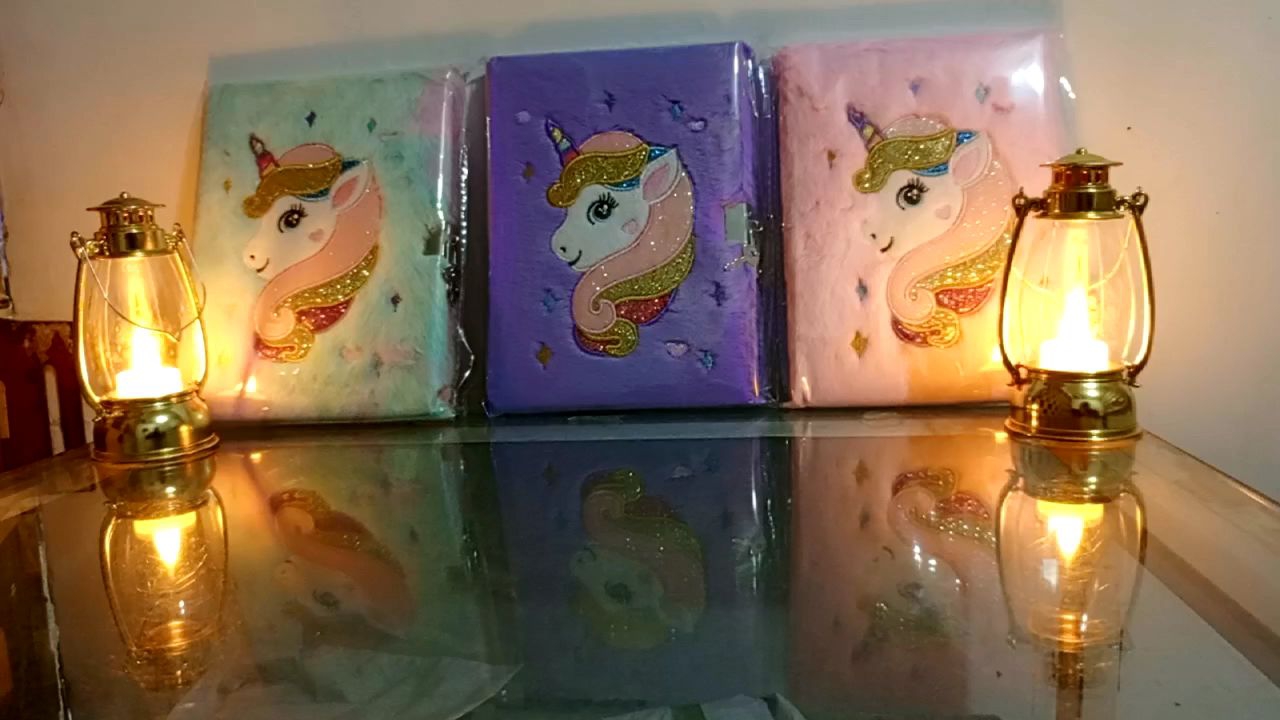 Cute Plush A5 Note Book Diary With Lock with Unicorn Stars Embroidery ...