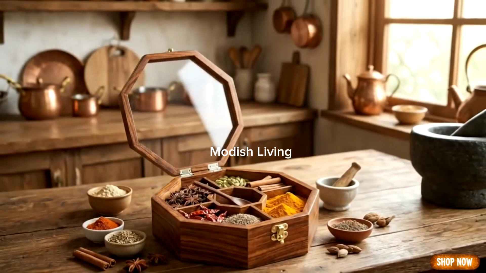 Handcrafted Octagonal Wooden Spice Box with Glass Lid – 5 Compartment ...